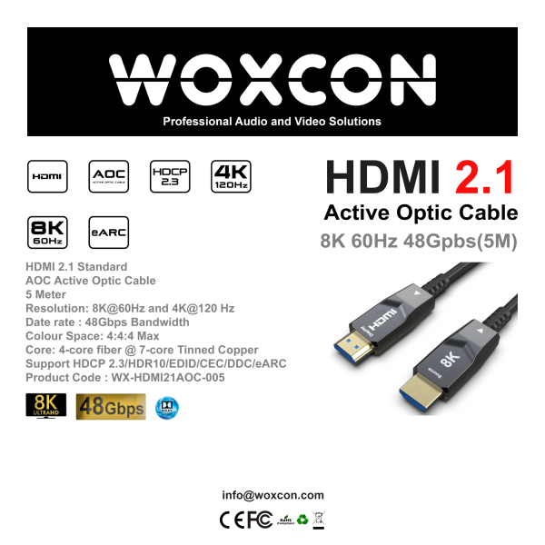 Woxcon 8K @ 60Hz 4:4:4 HDMI2.1 Hybrid AOC Kablo 5 Metre Plug Type: HDMI AM TO HDMI AM 48 Gbps